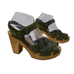 MIA Swedish 38 7 US Sandals Green Leather Wooden 4 Inch Heel Sweden Womens